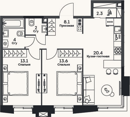 Планировка: 3-к, 63,5 м²