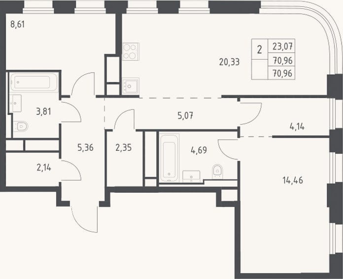 Планировка: 3-к, 71 м²
