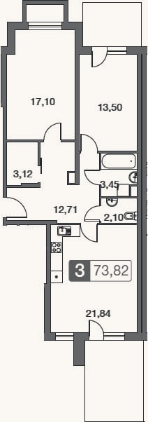 Планировка: 3-к, 73,8 м²