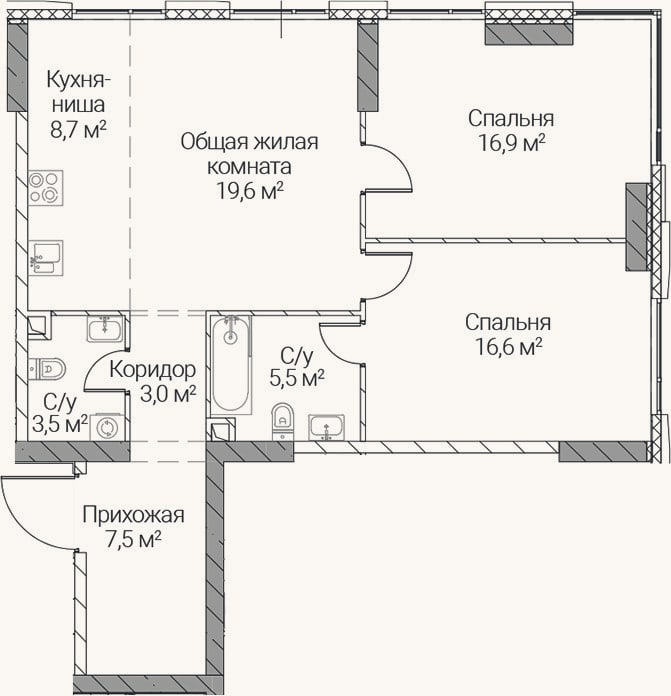 Планировка: 3-к, 81,3 м²