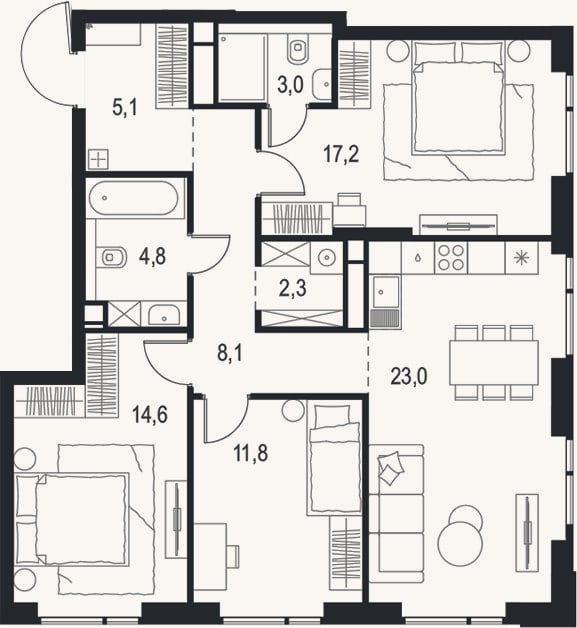 Планировка: 4+ к, 89,9 м²
