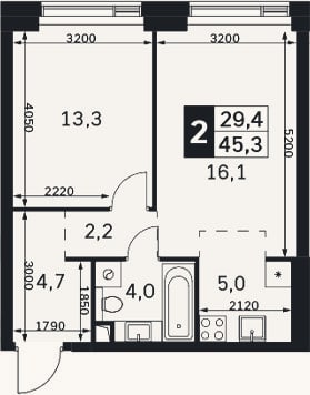 Планировка: 2-к, 45,3 м²