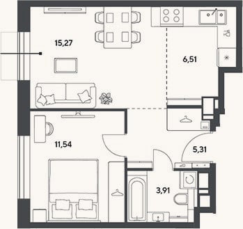 Планировка: 2-к, 42,5 м²
