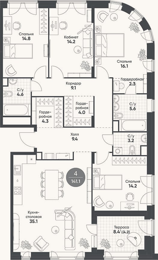 Планировка: 4+ к, 136,9 м²