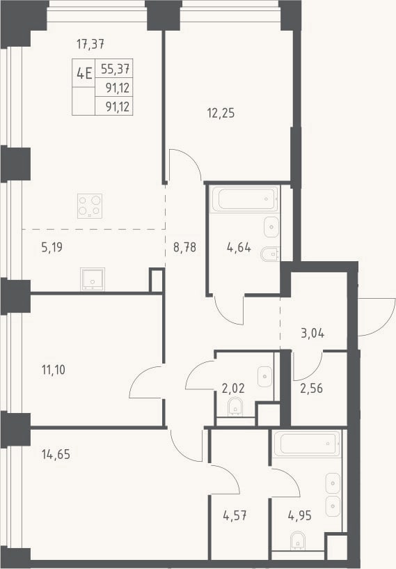 Планировка: 4+ к, 91,1 м²