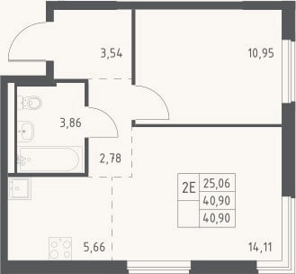 Планировка: 2-к, 40,9 м²