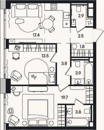 Планировка: 3-к, 69,3 м²