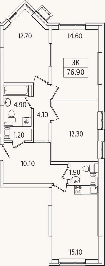 Планировка: 3-к, 76,9 м²