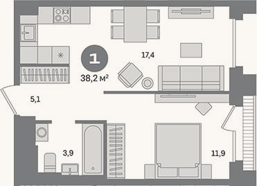 Планировка: 1-к, 38,2 м²