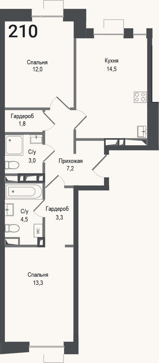 Планировка: 2-к, 59,6 м²