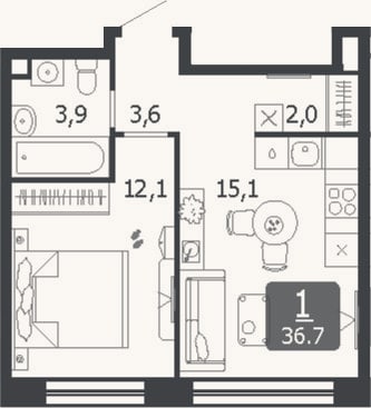 Планировка: 2-к, 36,7 м²