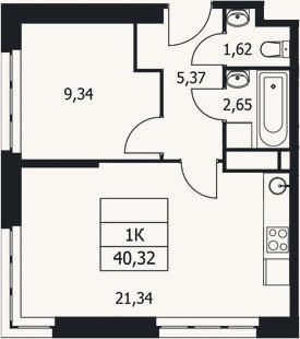 Планировка: 1-к, 40,3 м²
