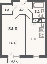 Планировка: 1-к, 33,7 м²