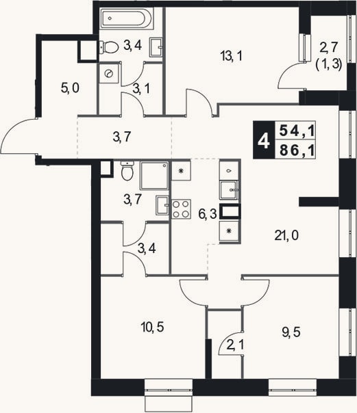 Планировка: 4+ к, 84,8 м²