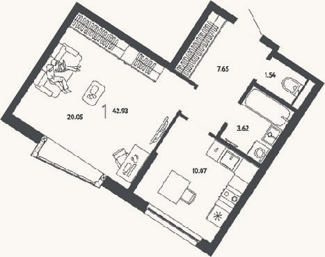 Планировка: 1-к, 42,9 м²