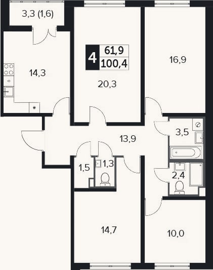 Планировка: 4+ к, 98,8 м²