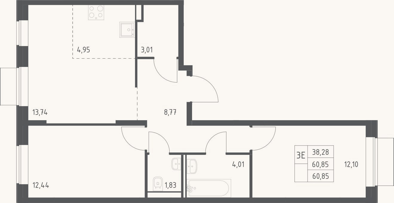 Планировка: 3-к, 60,9 м²