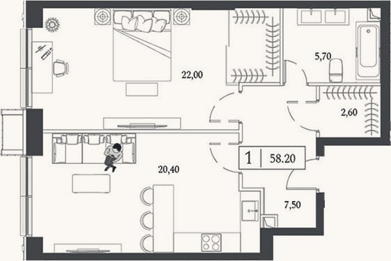 Планировка: 2-к, 58,2 м²