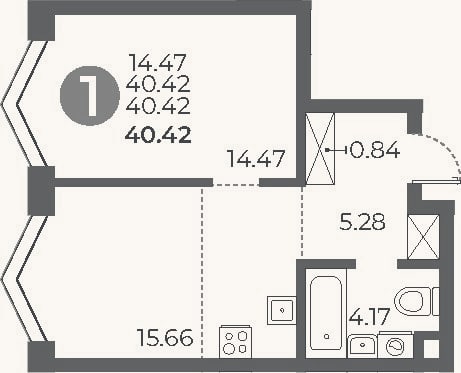 Планировка: 1-к, 40,4 м²