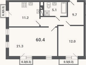 Планировка: 2-к, 59,3 м²