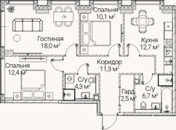 Планировка: 3-к, 78 м²