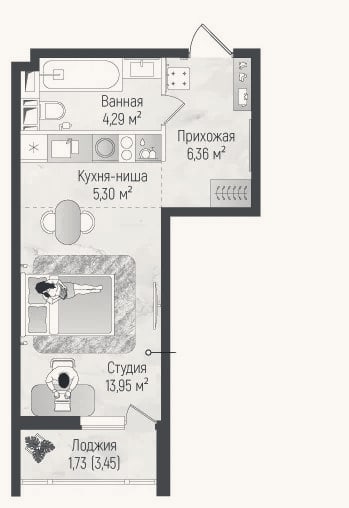 Планировка: Студия, 29,9 м²