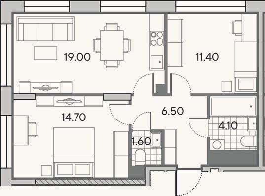 Планировка: 3-к, 57,3 м²