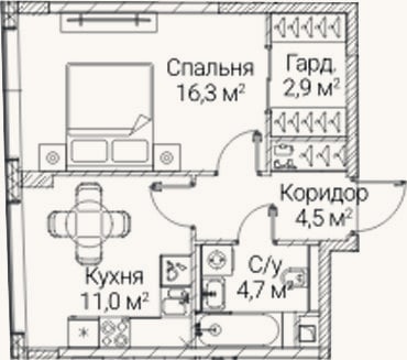 Планировка: 1-к, 39,4 м²