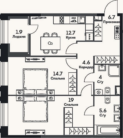 Планировка: 2-к, 67,3 м²