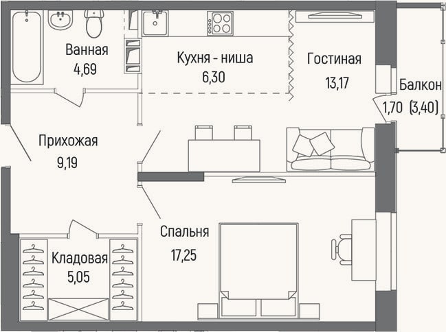 Планировка: 2-к, 55,7 м²
