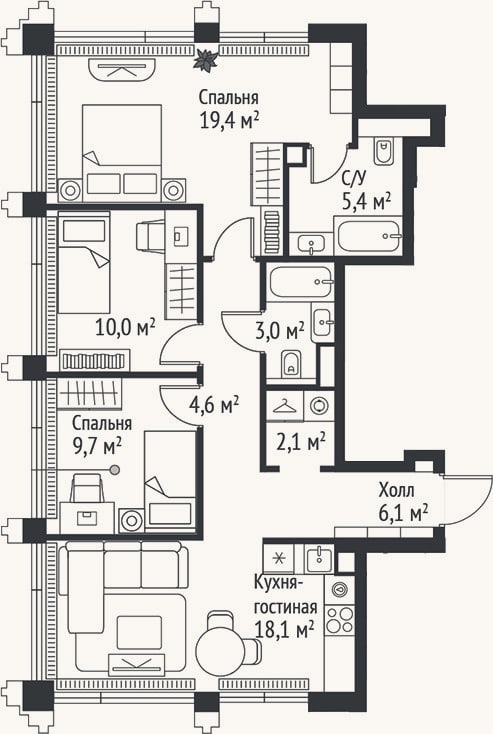 Планировка: 4+ к, 79,6 м²