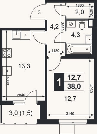 Планировка: 1-к, 36,5 м²