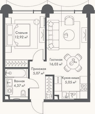 Планировка: 2-к, 43,4 м²