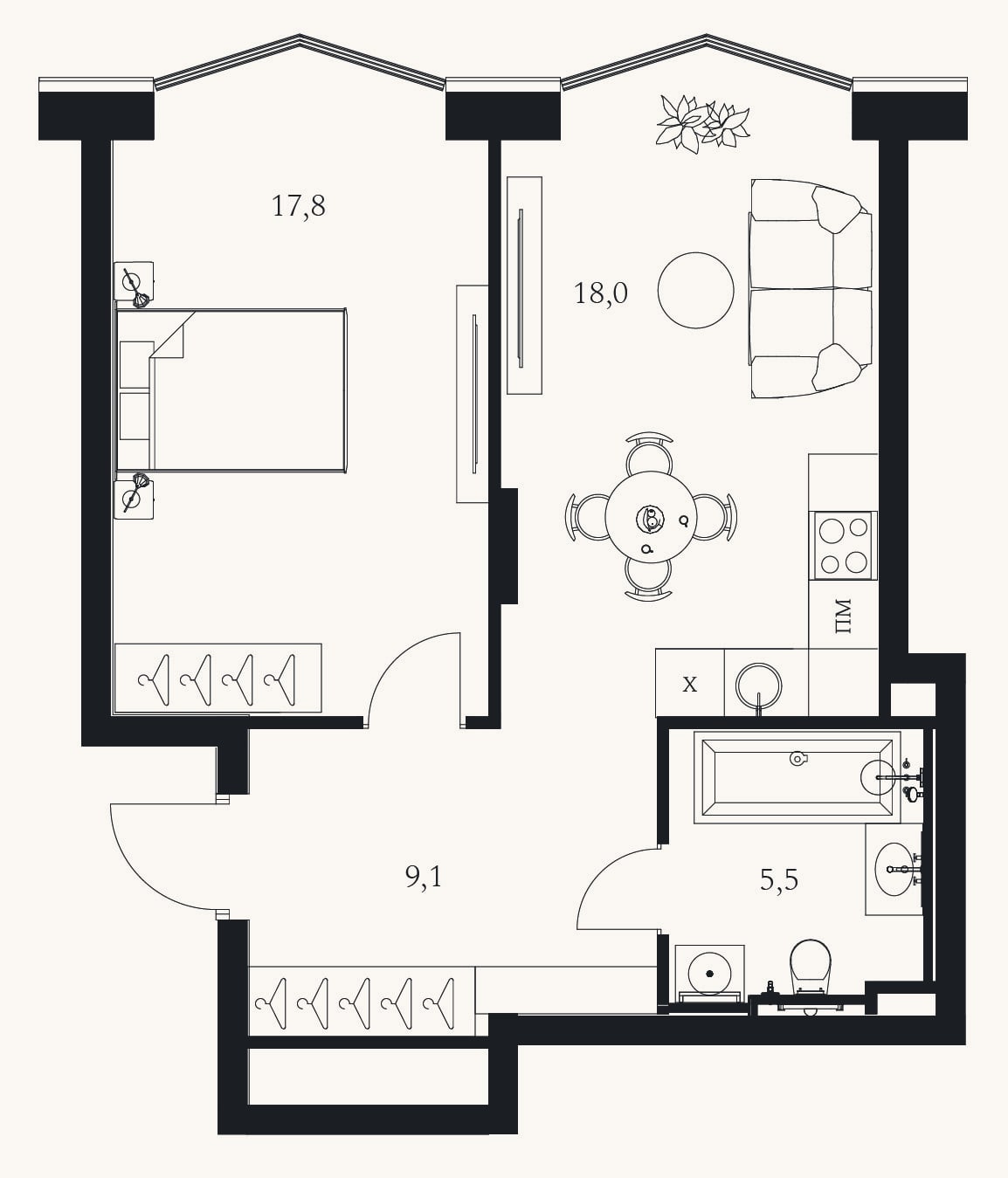 Планировка: 2-к, 48,2 м²