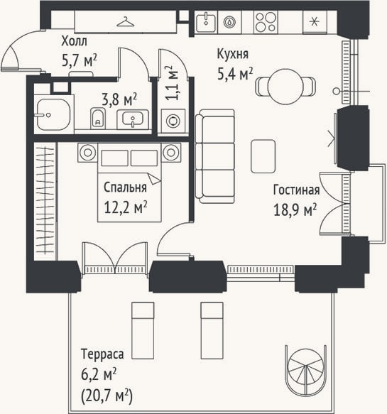 Планировка: 2-к, 47,2 м²