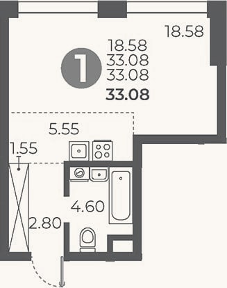 Планировка: Студия, 33,1 м²