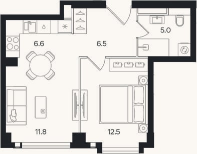 Планировка: 2-к, 42,4 м²