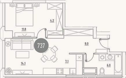 Планировка: 2-к, 51,2 м²