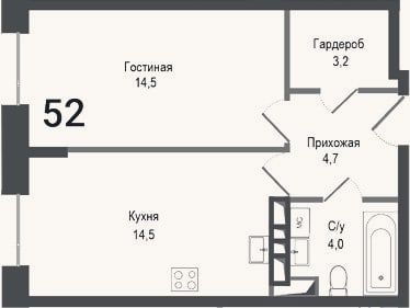 Планировка: 2-к, 40,9 м²