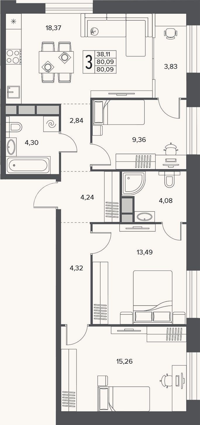 Планировка: 4+ к, 80,1 м²