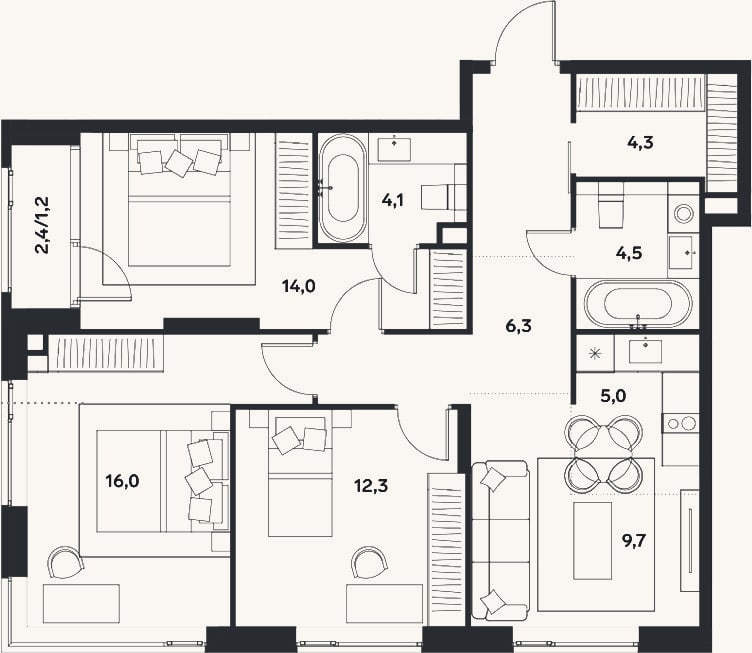 Планировка: 4+ к, 81,9 м²