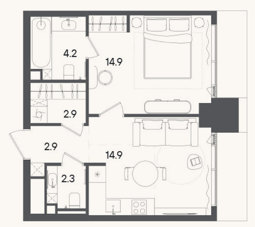 Планировка: 1-к, 42,1 м²