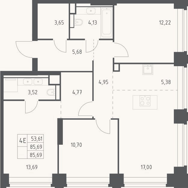Планировка: 4+ к, 85,7 м²