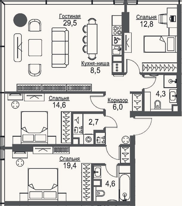Планировка: 4+ к, 102,4 м²