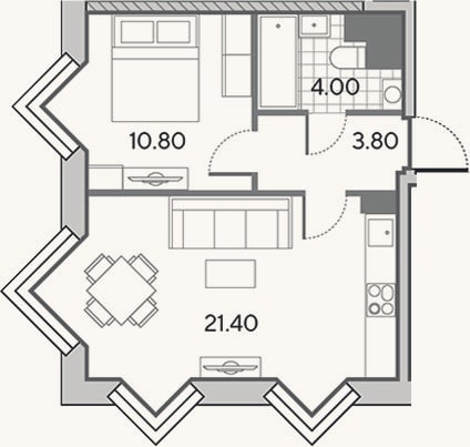 Планировка: 2-к, 40 м²