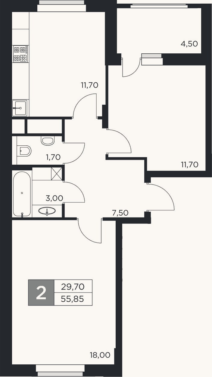 Планировка: 2-к, 53,6 м²