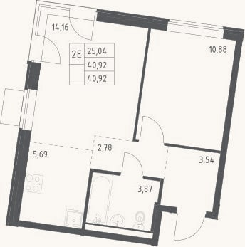 Планировка: 2-к, 40,9 м²