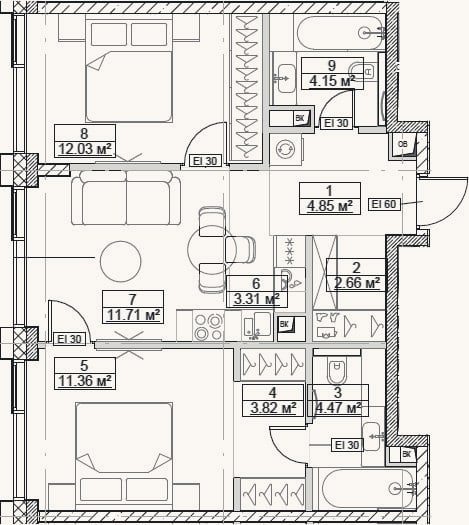 Планировка: 3-к, 58,4 м²