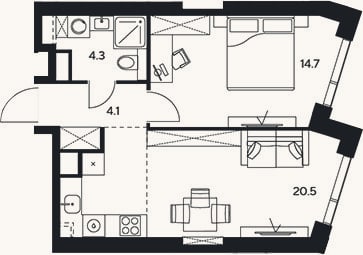 Планировка: 2-к, 43,6 м²