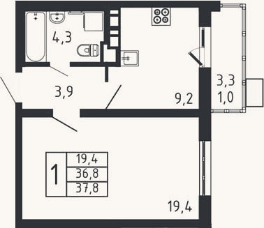 Планировка: 1-к, 36,8 м²